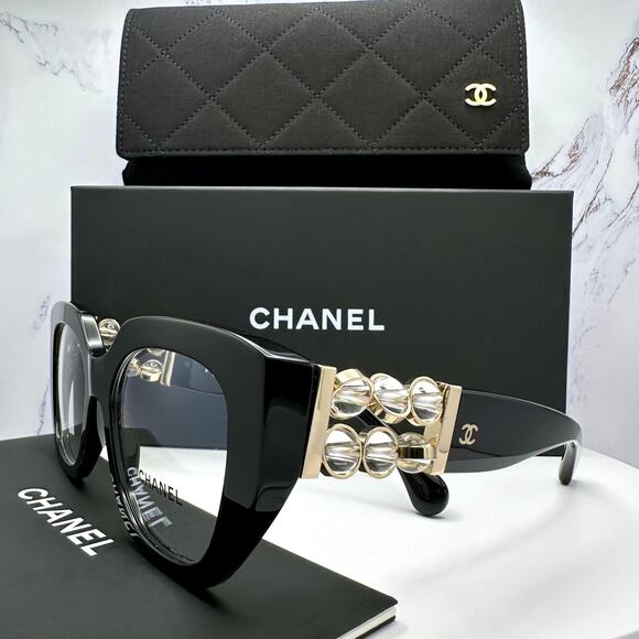 New CHANEL Eyeglasses Black Gold Cat Eye Clear Rotating Pearls 52mm - Picture 2 of 15